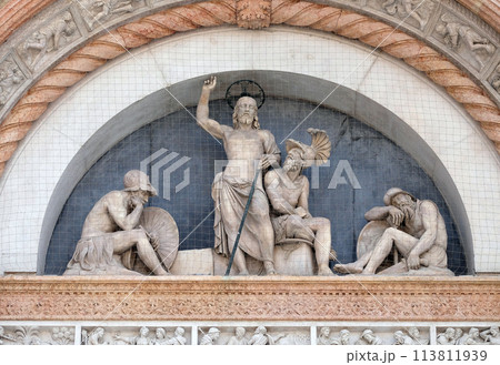Lunette of the Resurrection, facade of San Petronio Basilica by Alfonso Lombardi in Bologna, Italy 113811939