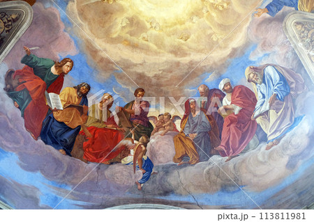 The evangelists and prophets detail of frescoes Apotheosis of St James by Silverio Capparoni on the ceiling of the Church San Giacomo in Augusta in Rome, Italy 113811981