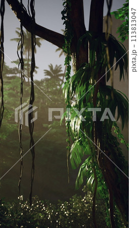 Sunlight Filtering Through Tropical Rainforest at Dawn Sunlight Filtering Through Tropical Rainforest at Dawn 113813047