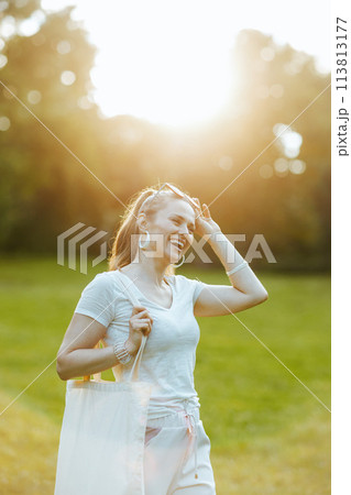 smiling stylish 40 years old woman in white shirt smiling stylish 40 years old woman in white shirt 113813177