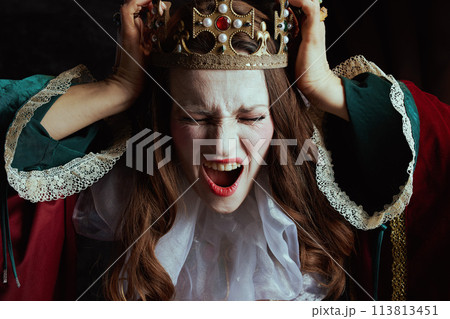shocked medieval queen in red dress with white collar shocked medieval queen in red dress with white collar 113813451