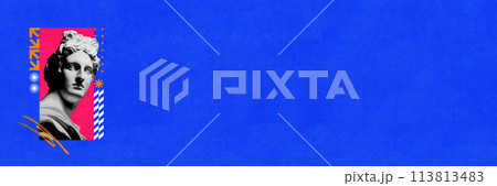 Banner. Contemporary art collage. Classical statue bust with abstract elements against blue background with vibrant graphic details. Banner. Contemporary art collage. Classical statue bust with abstract elements against blue background with vibrant graphic details. 113813483