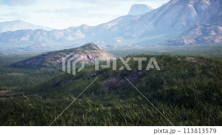 landscape with rolling green fields and majestic mountains in the distance 113813579