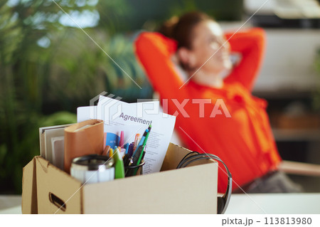 Closeup on happy modern female employee in modern green office Closeup on happy modern female employee in modern green office 113813980