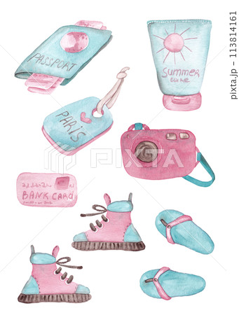 Traveler's set to or from Paris. Traveler lifestyle concept. Illustration design. Cartoon elements. Hot Summer. Ideal for stickers, patterns, cards and other stationery 113814161