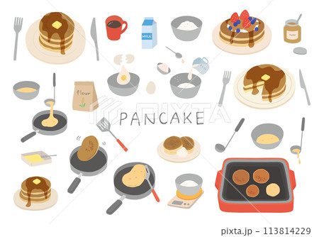 パンケーキにまつわる手描きイラストセット(カラー/輪郭線なし) パンケーキにまつわる手描きイラストセット(カラー/輪郭線なし) 113814229