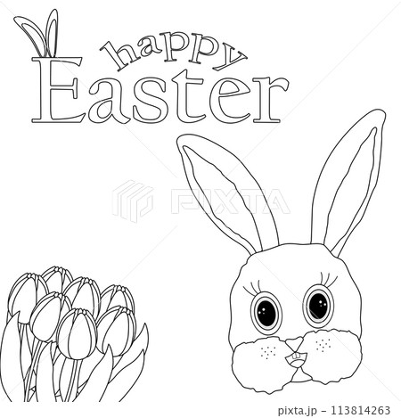 Monochrome coloring page for kids and adults featuring a Easter Bunny head, tulips, and - Happy Easter - text. Perfect for greeting card. Monochrome coloring page for kids and adults featuring a Easter Bunny head, tulips, and - Happy Easter - text. Perfect for greeting card. 113814263