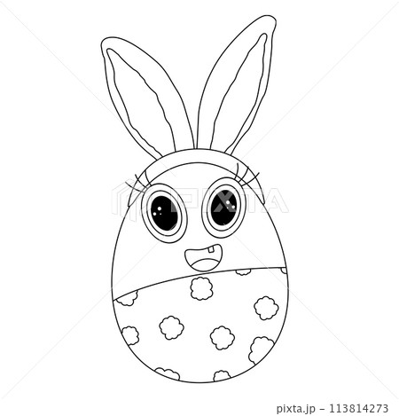 Black and white coloring page with a smiling anthropomorphic baby Easter egg wearing pants with clouds and Easter bunny ears on his head. Great for kids activities. Black and white coloring page with a smiling anthropomorphic baby Easter egg wearing pants with clouds and Easter bunny ears on his head. Great for kids activities. 113814273