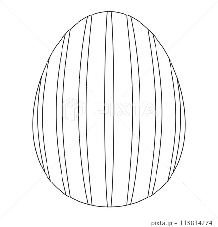 Black and white coloring page with an Easter egg painted with striped. Ideal for festive activities, coloring book and kids crafts. 113814274