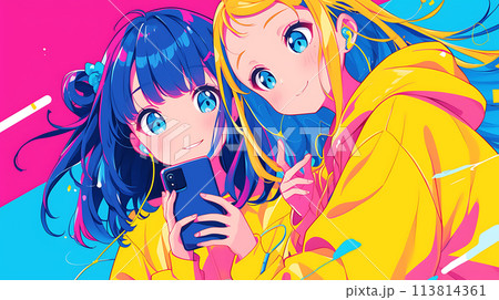 一緒にスマホを見る女の子二人　AI 113814361