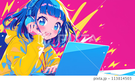 パソコンでゲームをする女の子　AI 113814503