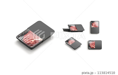 Blank transparent plastic beef tray white label mockup, different sides 113814510