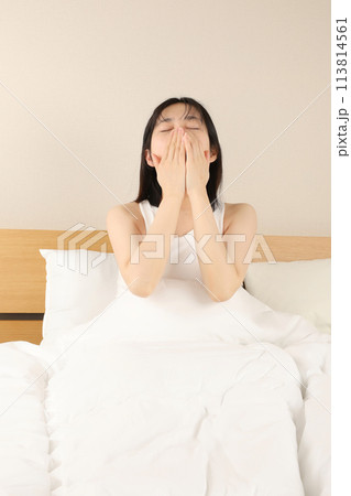 ベッドで睡眠・目覚める・あくびをする女性 ベッドで睡眠・目覚める・あくびをする女性 113814561