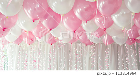 Assorted pink and white balloons with ribbons and confetti, celebration and party decoration theme, ideal for birthday or wedding invitation design. Ai generation. 113814964