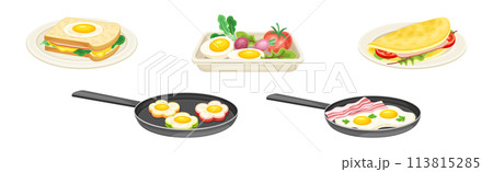 Tasty Egg Dish Served on Plate with Yolk and Garnish Vector Set 113815285