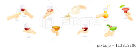Hand Holding Drink and Different Beverage Vector Set 113815286