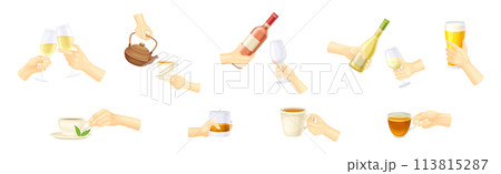 Hand Holding Drink and Different Beverage Vector Set 113815287