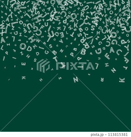 Falling letters of English language. Chalk handdrawn flying words of Latin alphabet. Foreign languages study concept. Interesting back to school banner on blackboard background. 113815381