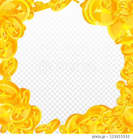 Japanese yen coins falling. Scattered gold JPY 113815532