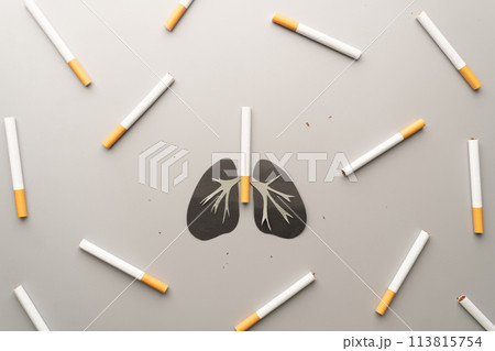 Unhealthy lung organ with cigarettes or tobacco on gray background. Lung diseases caused by smoking include COPD, asthma attack and lung cancer. World no tobacco day concept template. 113815754