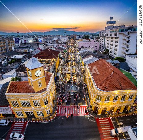 Aerial view of Phuket Old Town night market at sunset, in Phuket, Thailand Aerial view of Phuket Old Town night market at sunset, in Phuket, Thailand 113816406