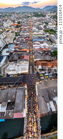 Aerial view of Phuket Old Town night market at sunset, in Phuket, Thailand 113816414