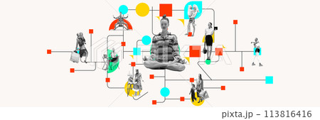 Woman sitting in meditating pose around images depicting her lifestyle, balancing between work matters, family and domestic duties. Contemporary art collage. 113816416