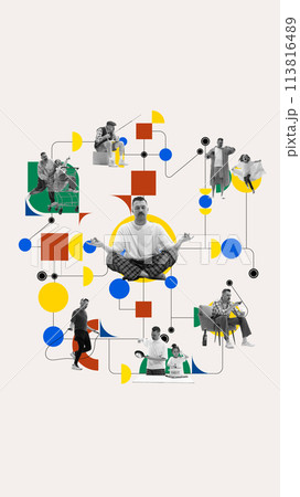 Man sitting in meditating pose in center with multitasking elements around, spending time with daughter, working, doing sports, hobby. Contemporary art collage. Man sitting in meditating pose in center with multitasking elements around, spending time with daughter, working, doing sports, hobby. Contemporary art collage. 113816489