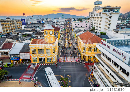 Aerial view of Phuket Old Town night market at sunset, in Phuket, Thailand Aerial view of Phuket Old Town night market at sunset, in Phuket, Thailand 113816504