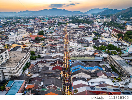 Aerial view of Phuket Old Town night market at sunset, in Phuket, Thailand 113816506