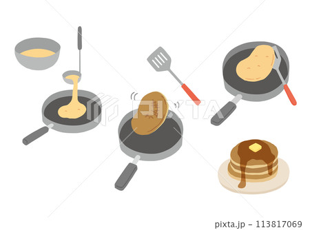 パンケーキ作りの手描きイラスト（カラー/輪郭線なし） 113817069