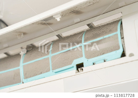 汚れたエアコンのフィルターのクローズアップ 汚れたエアコンのフィルターのクローズアップ 113817728