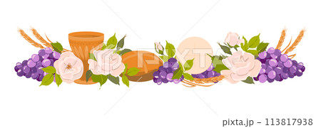 Composition of Christian symbols, attributes of the first communion. Golden bowl for wine, bread, wine, grapes, white roses in flat style. Design elements for an invitation to the Holy Eucharist. Composition of Christian symbols, attributes of the first communion. Golden bowl for wine, bread, wine, grapes, white roses in flat style. Design elements for an invitation to the Holy Eucharist. 113817938