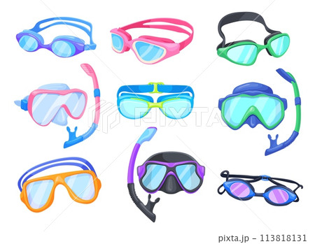 Pool goggles. Cartoon swimming aviator glasses set, professional diving goggle snorkel mask tube for sport swim in underwater sea, scuba swimmer Pool goggles. Cartoon swimming aviator glasses set, professional diving goggle snorkel mask tube for sport swim in underwater sea, scuba swimmer 113818131