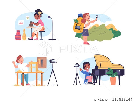Kids bloggers. Teen blogger creation content, child blogging young boy influencer and girl recording video stories or handmade vlog on smartphone camera, classy vector illustration 113818144