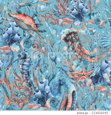 Underwater world clipart with sea animals whale, turtle, octopus, seahorse, starfish, shells, coral and algae. Hand drawn watercolor illustration. Seamless pattern on a blue background 113818145