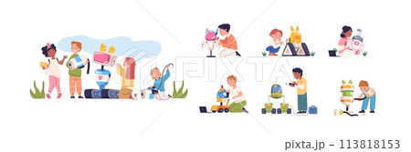 Kids robotic engineering. Child engineers programming robot, clever kid create innovating repair electronic mechanical smart toy, robotics school student classy vector illustration Kids robotic engineering. Child engineers programming robot, clever kid create innovating repair electronic mechanical smart toy, robotics school student classy vector illustration 113818153
