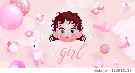 3d baby girl shower. Newborn ready to birth announcement, kid birthday party cute realistic child decoration background template, air balloons infant toy exact vector illustration 3d baby girl shower. Newborn ready to birth announcement, kid birthday party cute realistic child decoration background template, air balloons infant toy exact vector illustration 113818155