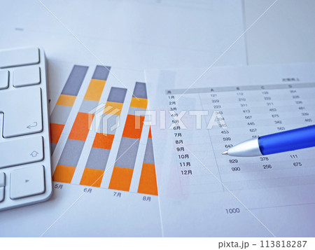 テーブルに置かれたグラフと書類とキーボード 113818287
