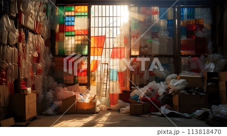 Sunlight streams through a wall of colorful plastic bottles in a 113818470
