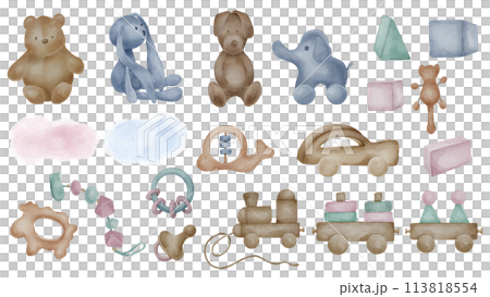 Set of assorted baby wooden and soft toys in neutral colors isolated on white. Car toy, blocks hand drawn. Illustration of teddy bear in pastel colors. Elements for print, decoration for newborn room Set of assorted baby wooden and soft toys in neutral colors isolated on white. Car toy, blocks hand drawn. Illustration of teddy bear in pastel colors. Elements for print, decoration for newborn room 113818554