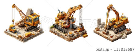 Excavator crane isometric vector concepts. Heavy yellow tracked caterpillar machinery equipment land surface fragments construction illustrations isolated on white background 113818687