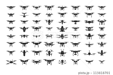 Drones icons vector set. Unmanned quadcopter modern controlled aircraft minimalist monochrome silhouettes isolated on white background Drones icons vector set. Unmanned quadcopter modern controlled aircraft minimalist monochrome silhouettes isolated on white background 113818701