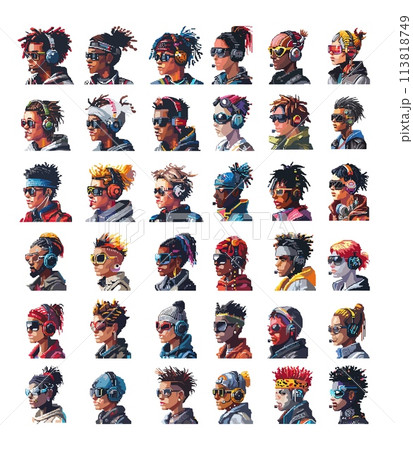Cyberpunk avatars pixel art vector set. Modern men women dread headphones glasses hoodies accessories city dwellers urban thug characters game ui design isolated on white background 113818749