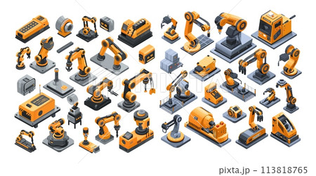 Conveyor manipulators isometry vector set. Robotic hands automatic factory production line heavy industry assembly illustrations isolated on white background Conveyor manipulators isometry vector set. Robotic hands automatic factory production line heavy industry assembly illustrations isolated on white background 113818765