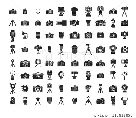 Camera icons vector set. Monochrome objectives photo flash tripods modern vintage gadgets equipment silhouettes isolated on white background 113818850