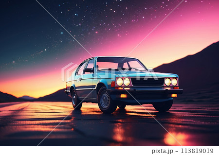 retro car with sunset, retro cinematic style retro car with sunset, retro cinematic style 113819019
