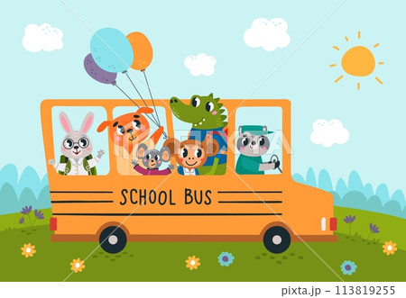 Animal school bus. Cute animals students ride to lesson in transport. Back to study, pupils with balloons and backpacks. Cartoon classy vector scene 113819255