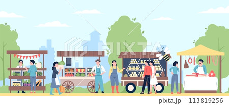 Farm market flat scene. Weekly morning markets on city park. Fresh fruits, agriculture seasonal products. Harvest time, recent vector concept 113819256
