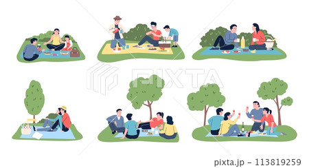 Picnic on nature. Family, friends and couple eating and drinking in citi park or forest meadow. Seasonal outdoor resting, recreation recent vector scenes Picnic on nature. Family, friends and couple eating and drinking in citi park or forest meadow. Seasonal outdoor resting, recreation recent vector scenes 113819259